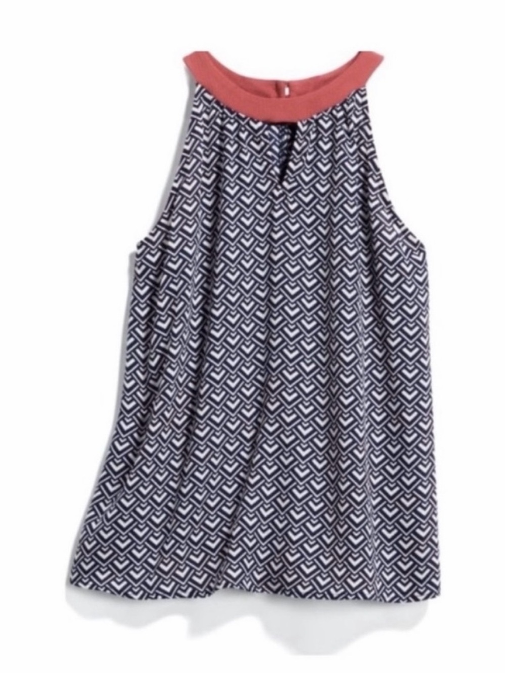 Navy Blue Geometric Sleeveless Blouse | Coral Keyhole Neck | Size S